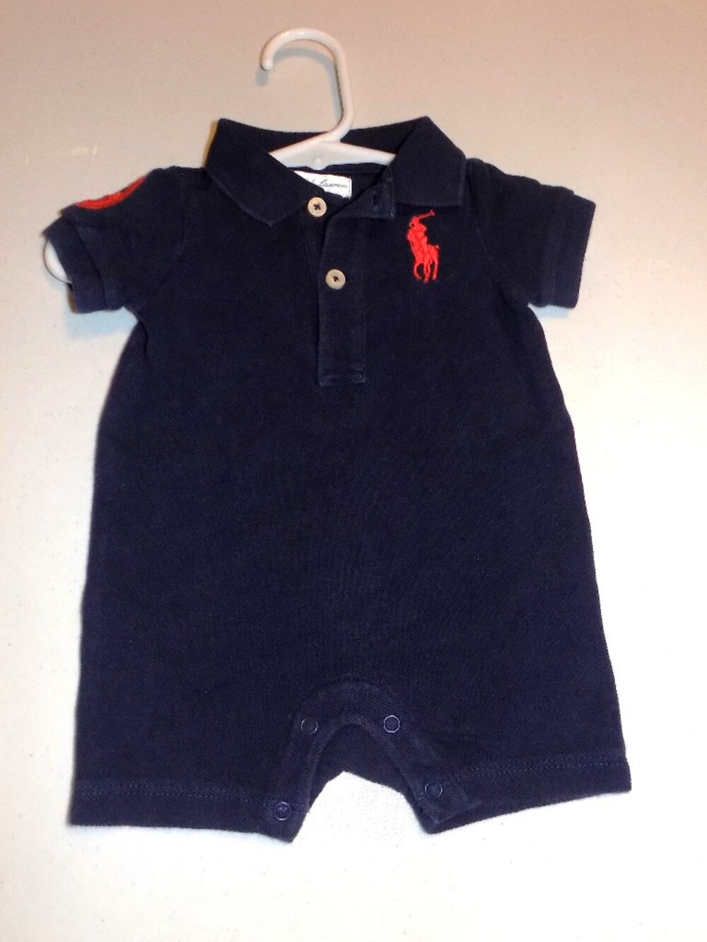 RALPH LAUREN POLO Navy Blue Knit Romper 3M One Piece Large Pony #3 Rugby